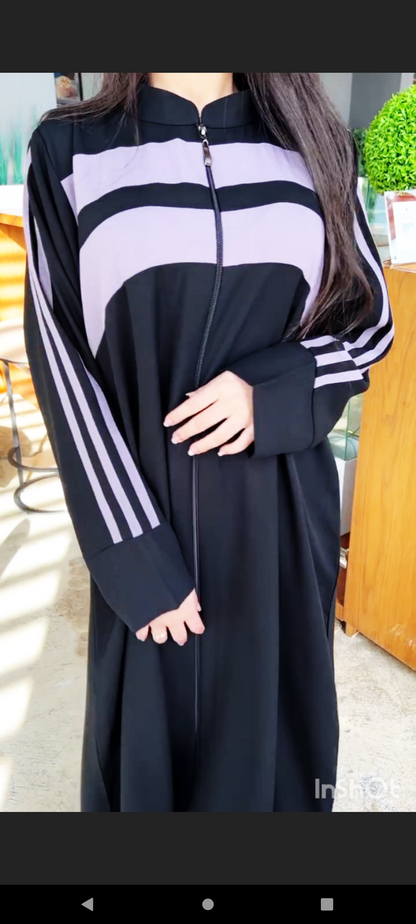 Khadeeja Abaya Grey Stripe Zipper Abaya